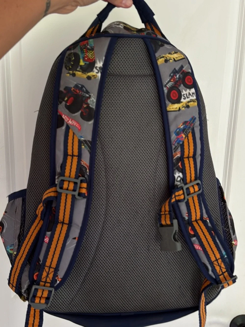 Pottery Barn Kids Gray Backpack with Navy and Orange Monster Truck Print